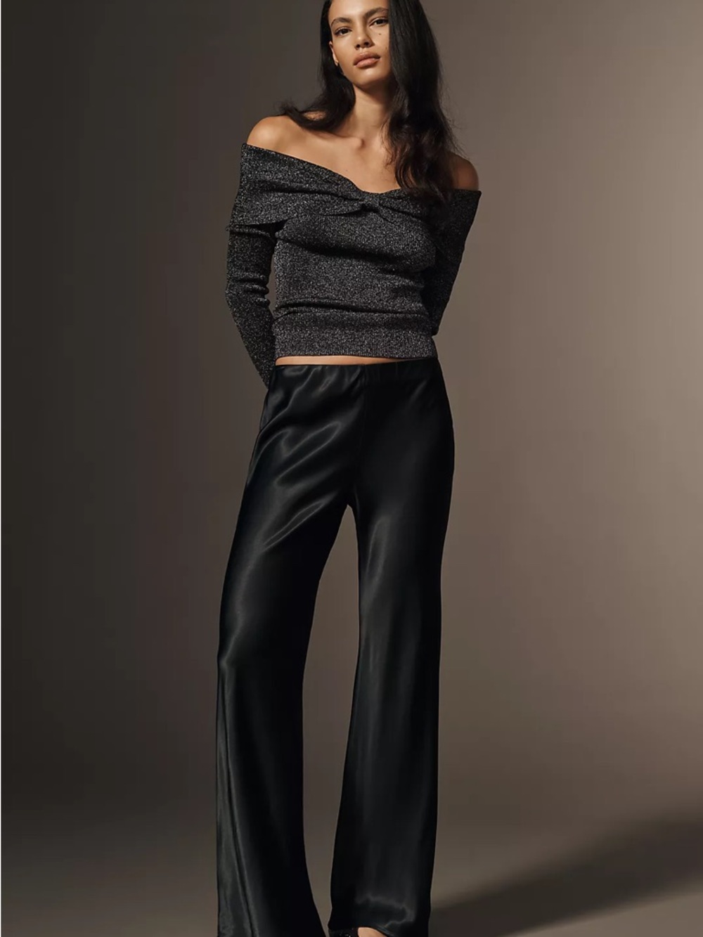 Anthropologie Black Satin Wide-Leg Pull On Pants